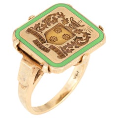 Vintage Art Deco Ring Family Crest Signet Green Enamel 14k Yellow Gold Sz 4.5
