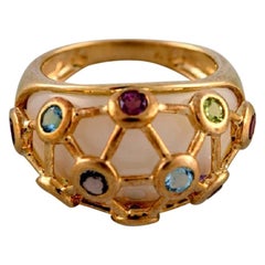 Vintage Art Deco Ring in 9 Carat Gold Adorned with Several Semi-Precious Stones