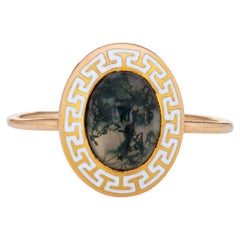 Antique Art Deco Ring Moss Agate Greek Key Enamel Conversion Band Sz 6.5