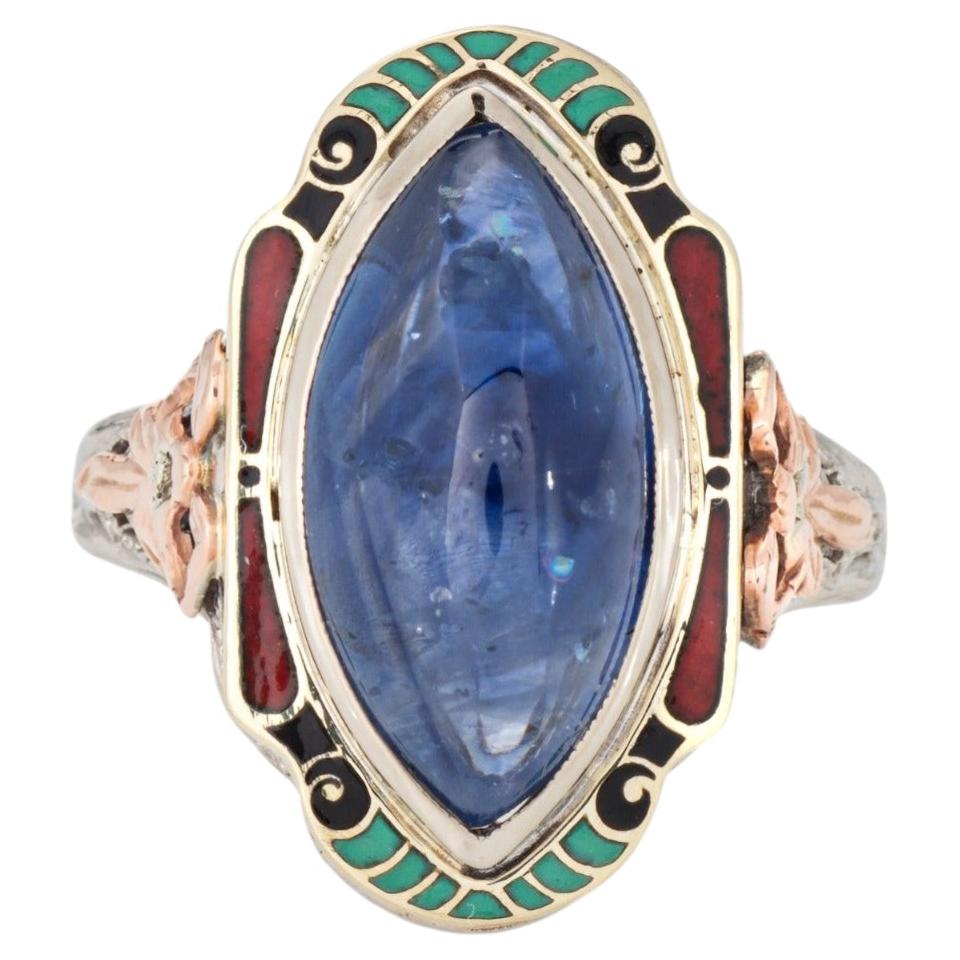 Vintage Art Deco Ring Natural Ceylon Sapphire Enamel Cocktail 14k Gold Filigree
