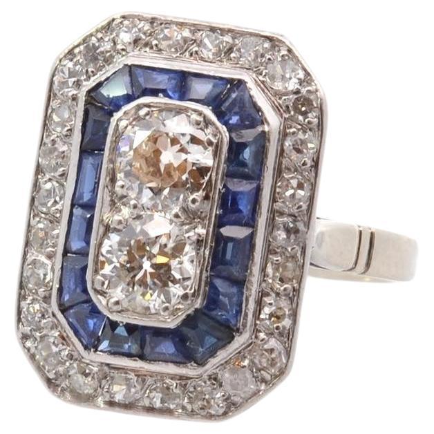 Vintage art deco ring with calibrated diamonds and sapphires For Sale