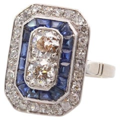 Vintage art deco ring with calibrated diamonds and sapphires