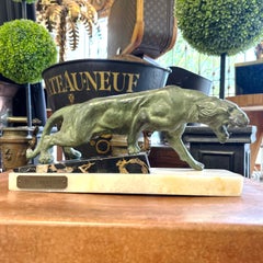 Vintage Art Deco Roaring Panther in green patinated spelter on marble base