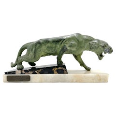 Used Art Deco Roaring Panther in green patinated spelter on marble base