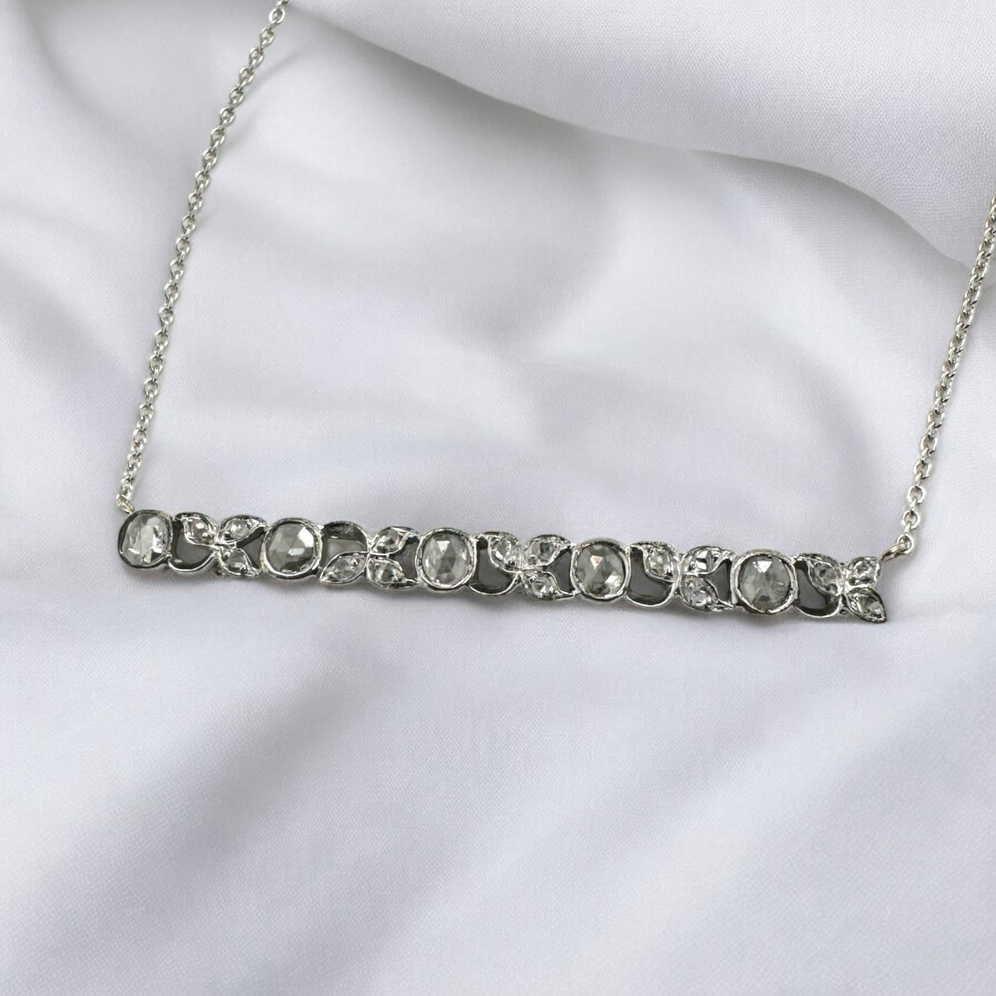 We always love making these vintage bar necklaces!!
She was converted from a lovely vintage bar pin into a lovely necklace for you to wear & enjoy!!

Necklace Details
Material: Platinum Bar 14K White Gold Chain
Bar Length: 1 7/8 Inches
Bar Width: