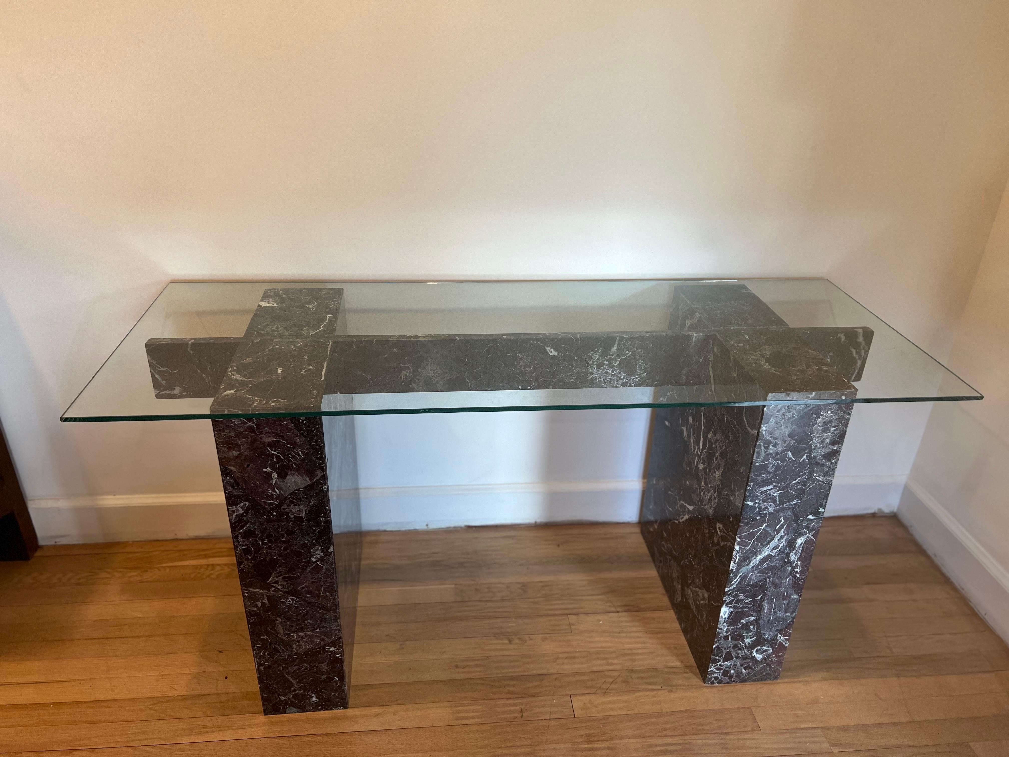 Table de salle à manger vintage Art Déco Rosso Levanto en marbre avec plateau en verre en vente 5