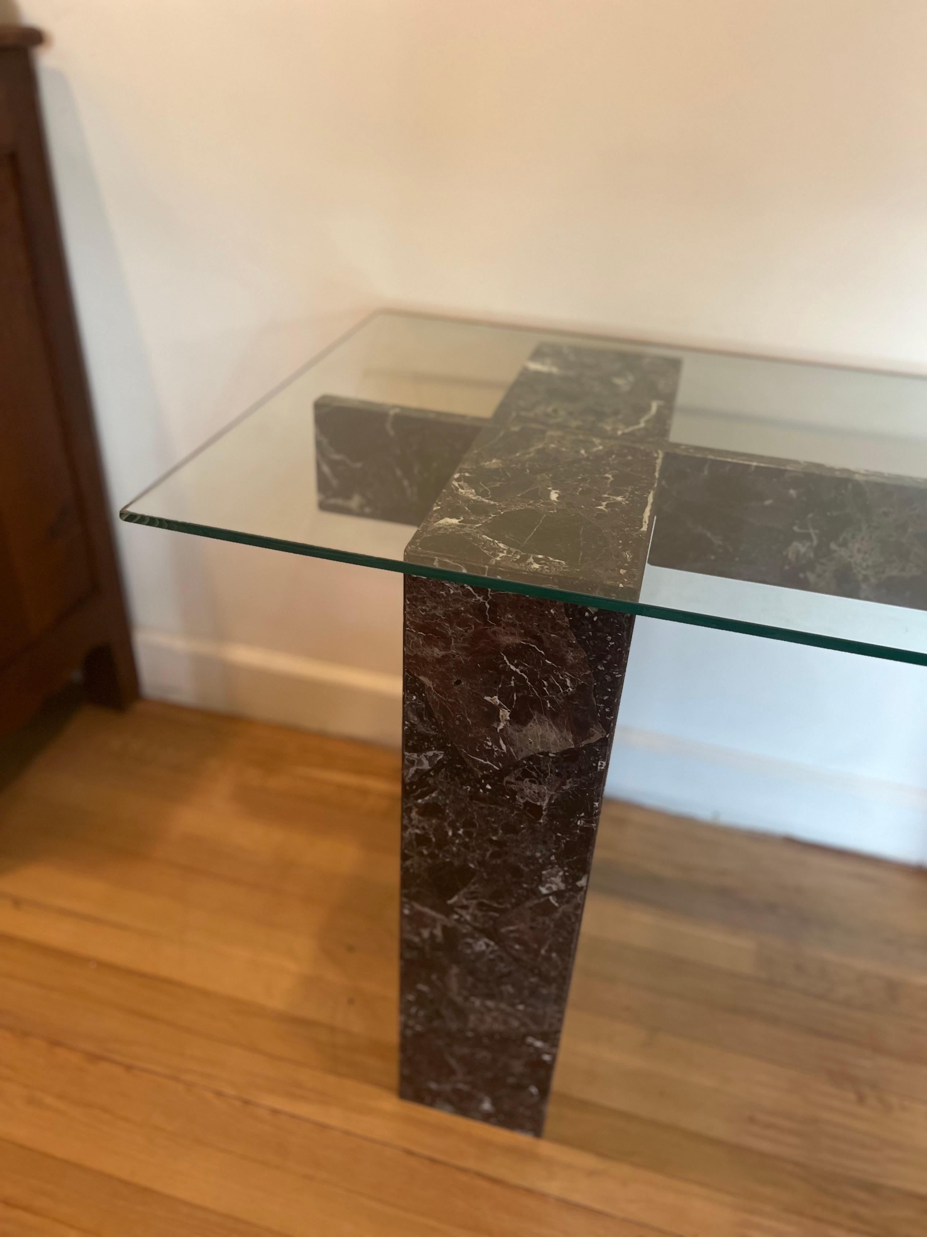 Table de salle à manger vintage Art Déco Rosso Levanto en marbre avec plateau en verre en vente 1