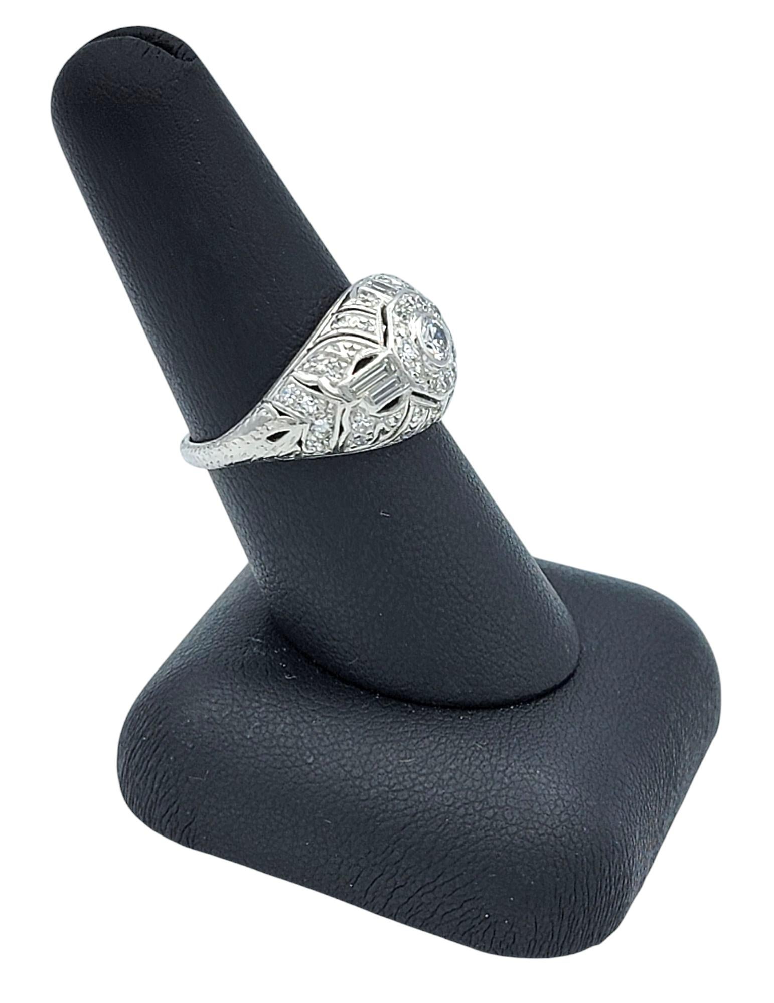 Vintage Art Deco Round and Baguette Diamond Dome Cocktail Ring in Platinum For Sale 5