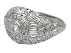 Vintage Art Deco Round and Baguette Diamond Dome Cocktail Ring in Platinum
