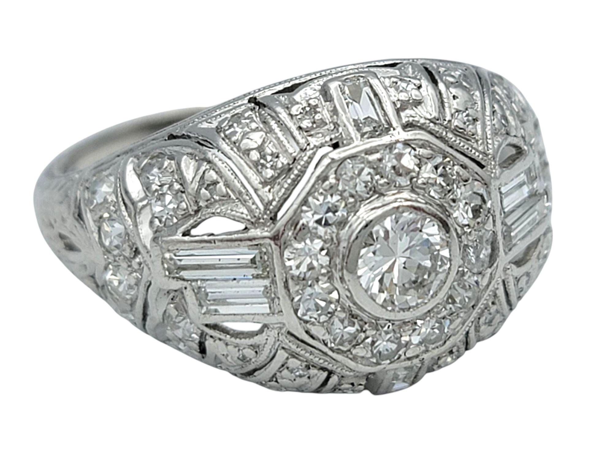 Round Cut Vintage Art Deco Round and Baguette Diamond Dome Cocktail Ring in Platinum For Sale
