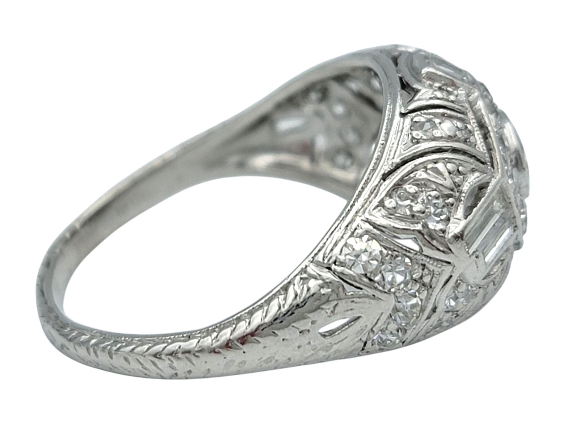 Vintage Art Deco Round and Baguette Diamond Dome Cocktail Ring in Platinum In Good Condition For Sale In Scottsdale, AZ