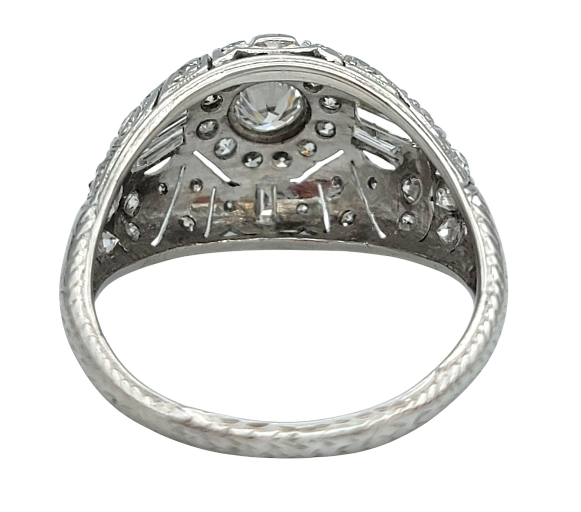 Women's Vintage Art Deco Round and Baguette Diamond Dome Cocktail Ring in Platinum For Sale