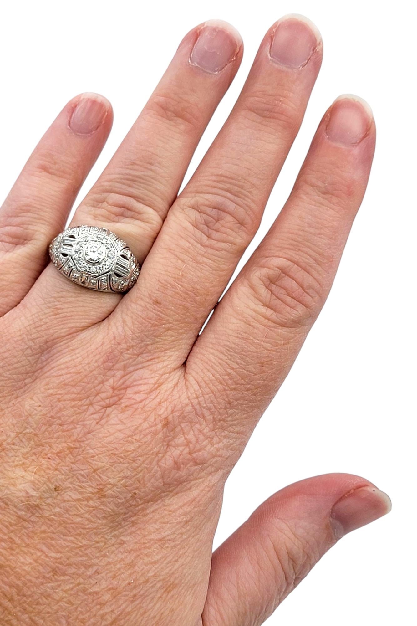 Vintage Art Deco Round and Baguette Diamond Dome Cocktail Ring in Platinum For Sale 2
