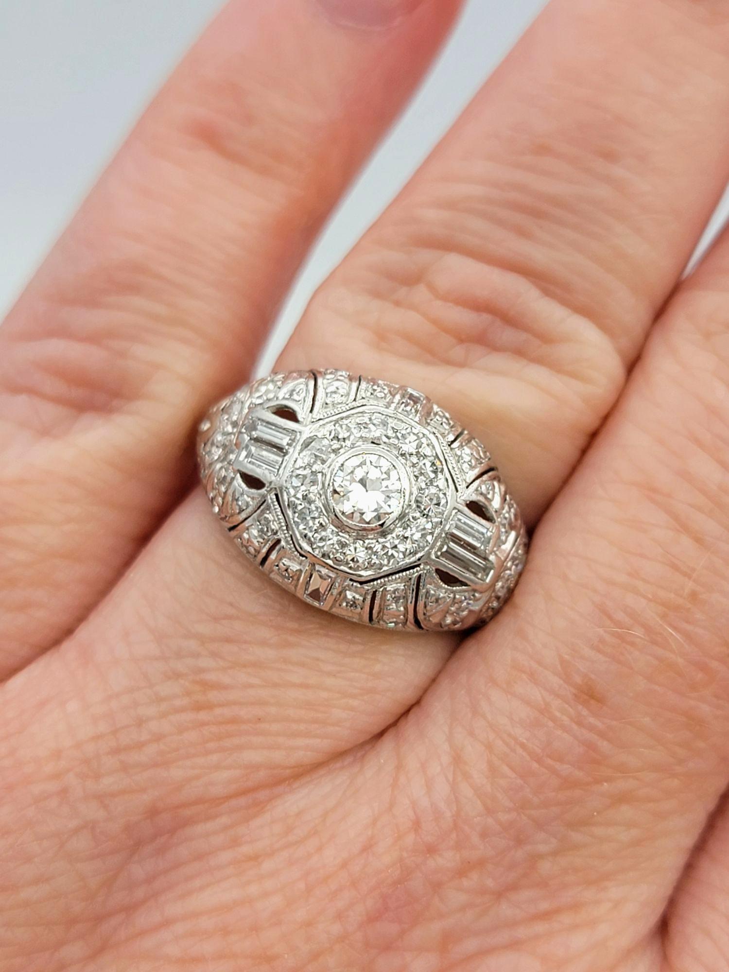 Vintage Art Deco Round and Baguette Diamond Dome Cocktail Ring in Platinum For Sale 3