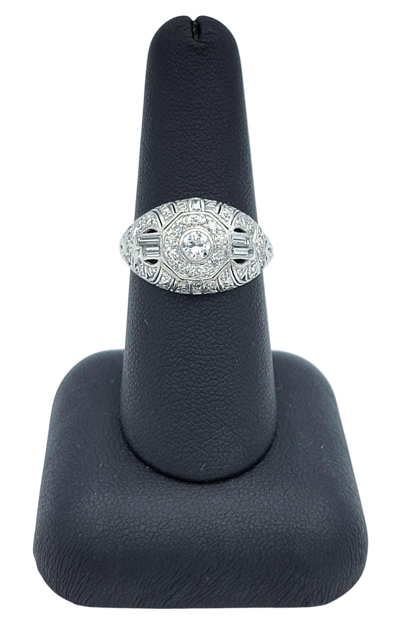 Vintage Art Deco Round and Baguette Diamond Dome Cocktail Ring in Platinum For Sale 4