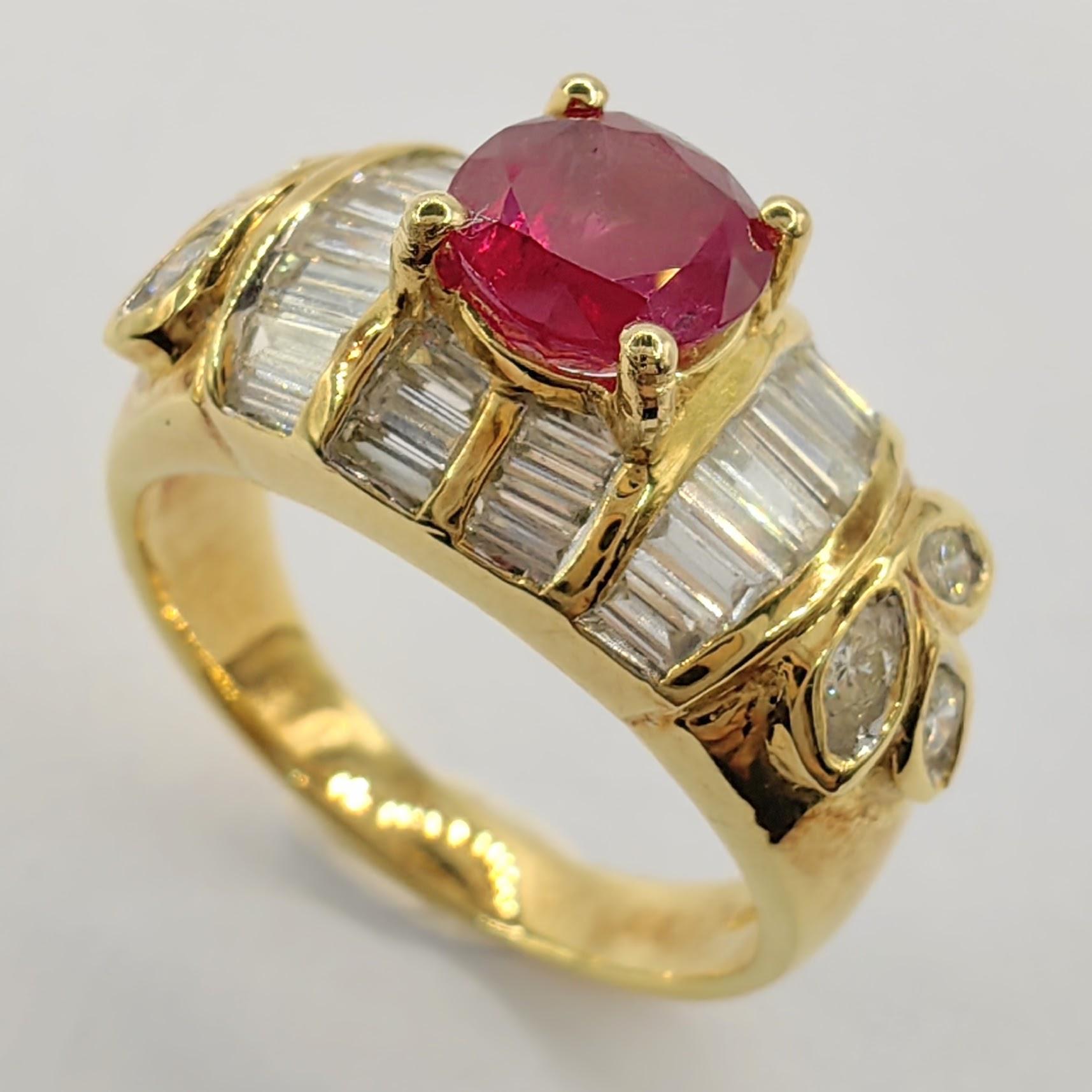 Introducing our Vintage Art Deco Round-cut Ruby Tapered Baguette Diamond Ring in 20K Yellow Gold, a timeless masterpiece that seamlessly blends vintage charm with elegant sophistication.

At the heart of this exquisite ring is a captivating