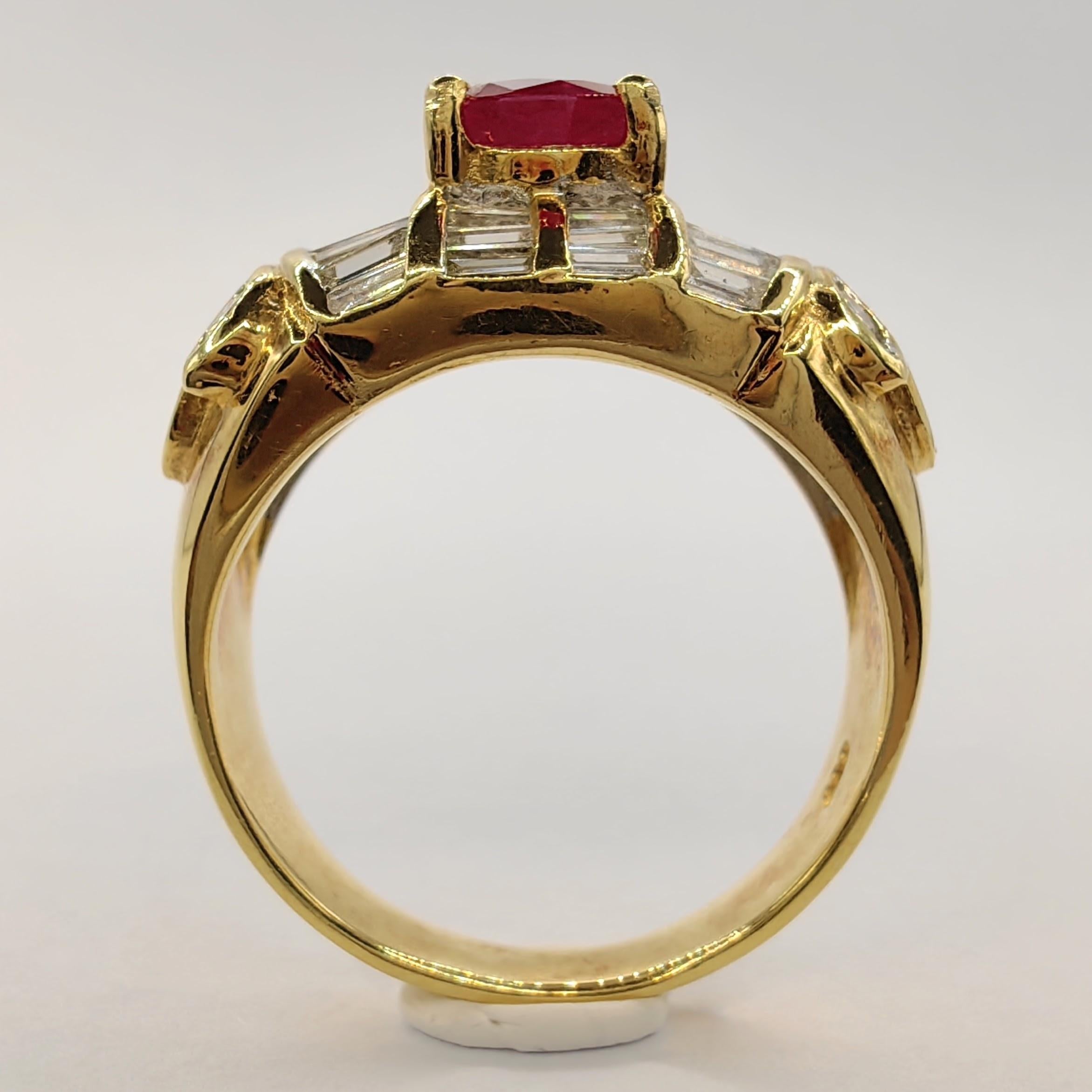 Vintage Art Deco Round-cut Ruby Tapered Baguette Diamond Ring in 20K Yellow Gold For Sale 1
