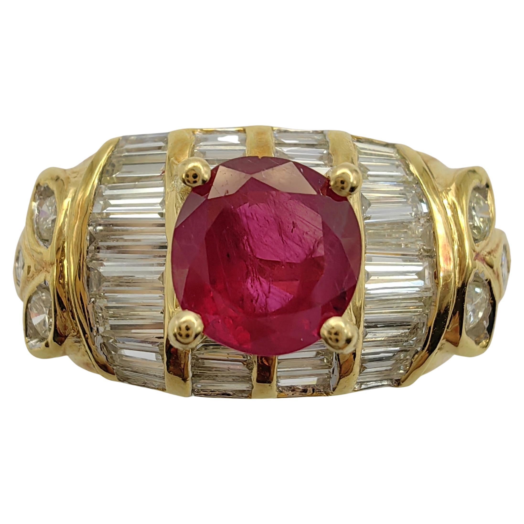 Vintage Art Deco Round-cut Ruby Tapered Baguette Diamond Ring in 20K Yellow Gold For Sale