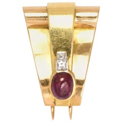 Vintage Art Deco Ruby Cabochon Diamond Brooch