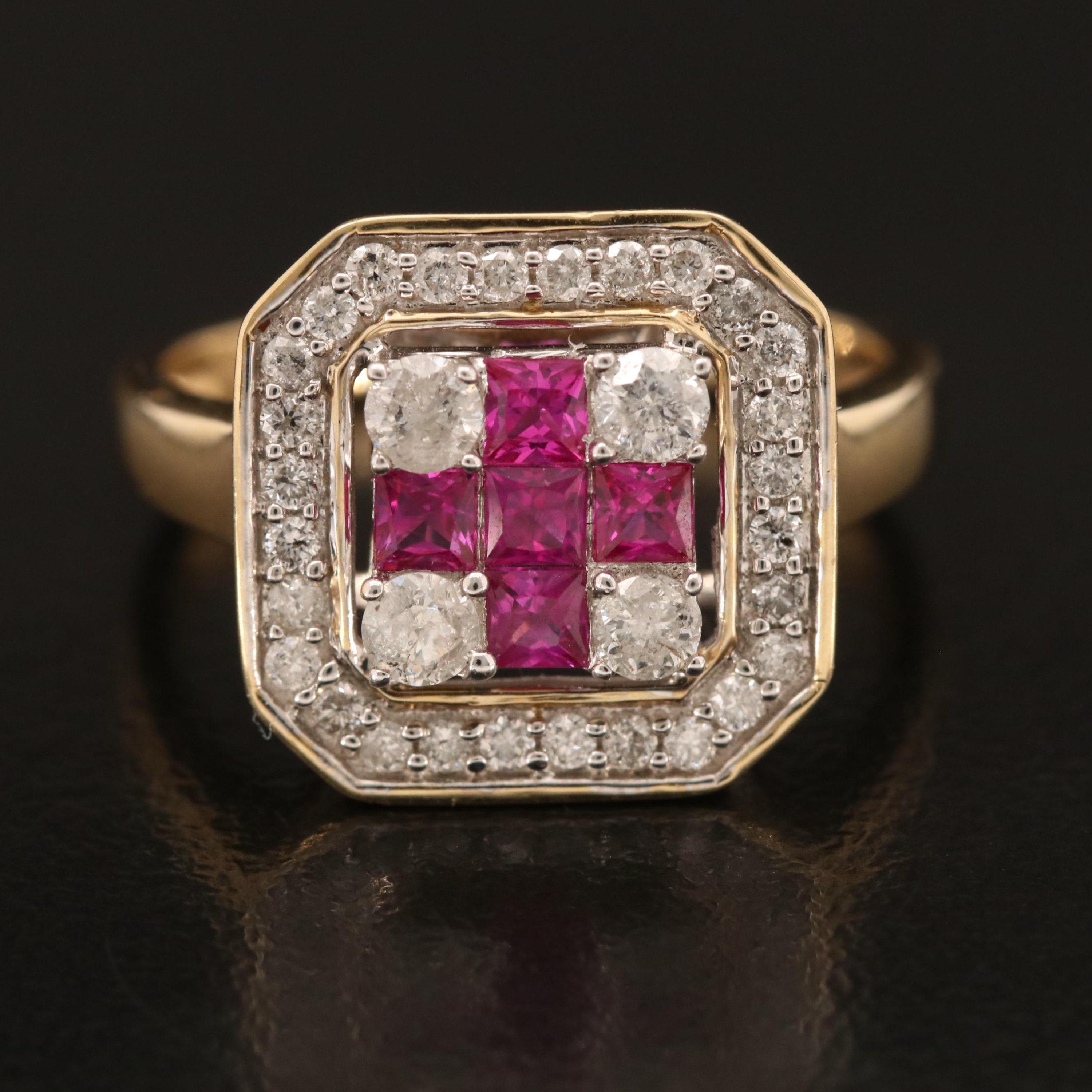 For Sale:  Vintage Art Deco Ruby Diamond Engagement Ring, Victorian Halo Ruby Cluster Ring 2