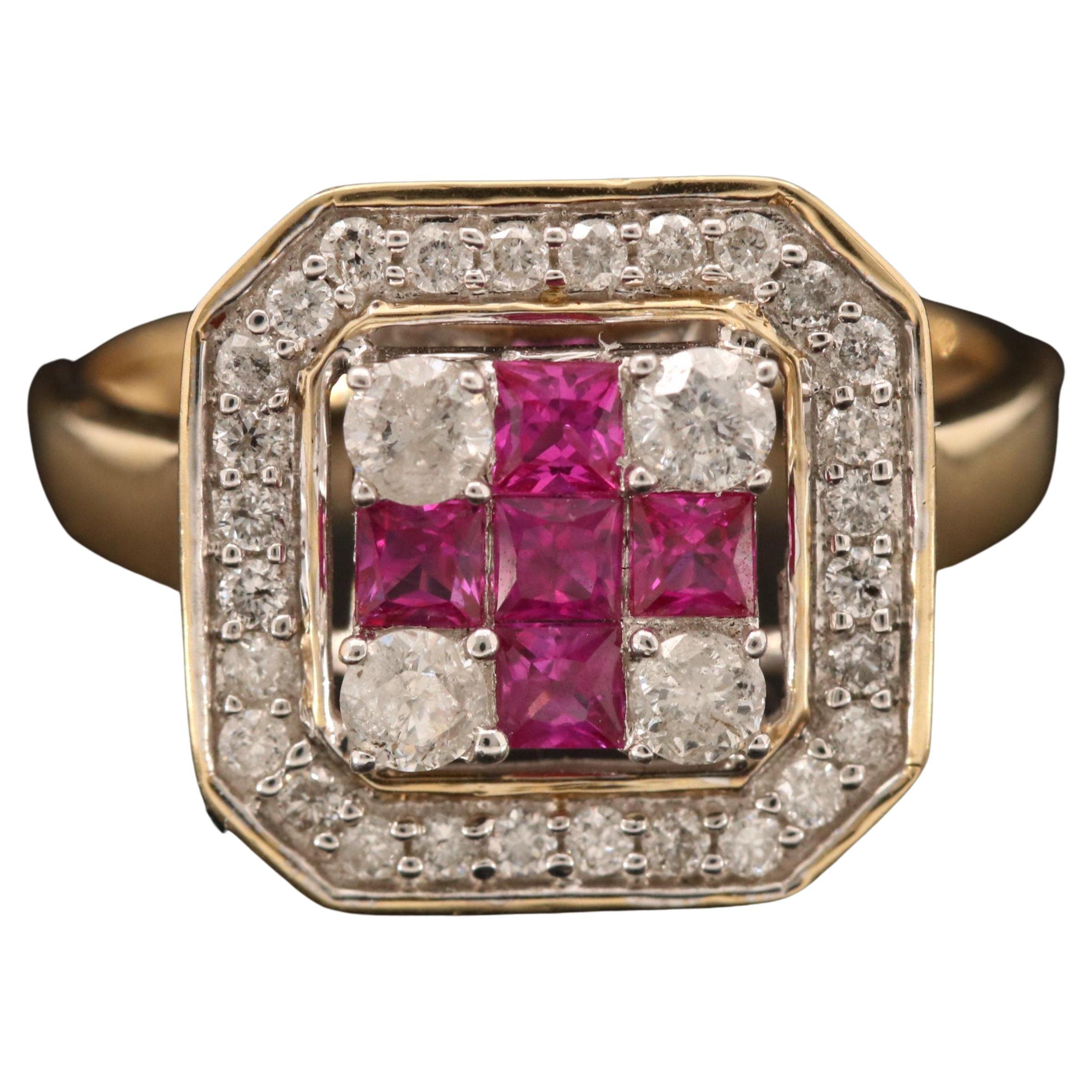 For Sale:  Vintage Art Deco Ruby Diamond Engagement Ring, Victorian Halo Ruby Cluster Ring