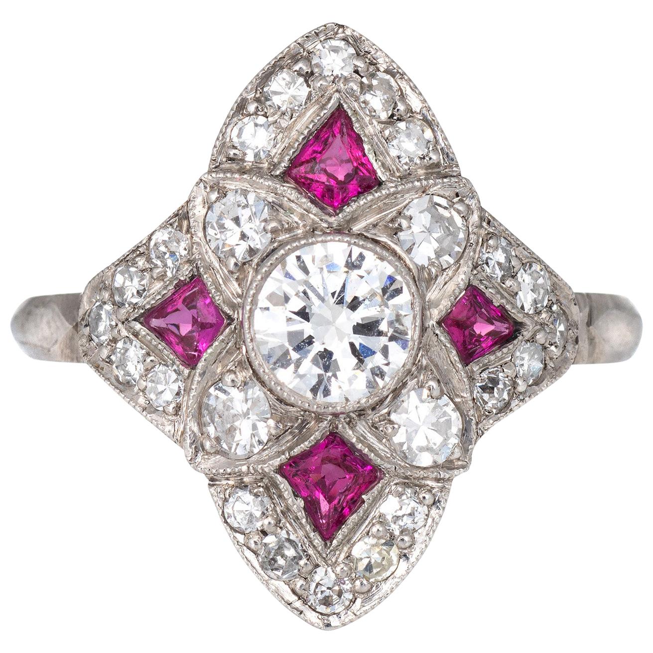 Vintage Art Deco Ruby Diamond Ring Platinum Cocktail Antique Jewelry