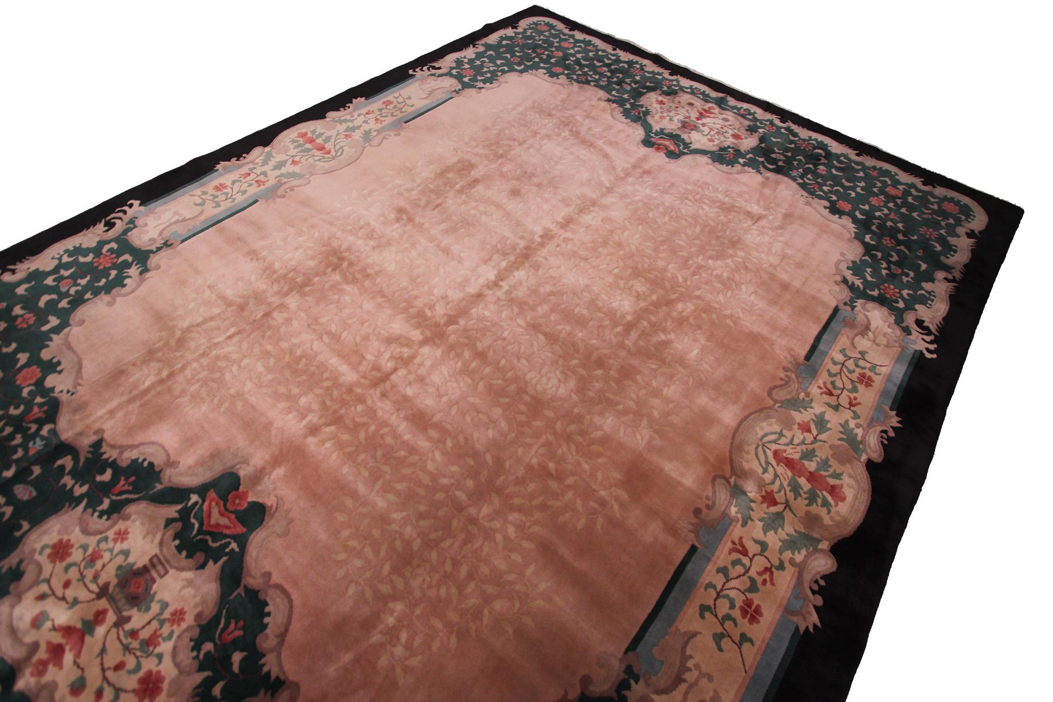 Vintage Art Deco Rug Handmade Chinese Rug Pink Wool Carpet 269cm x 351cm 9x12 For Sale 5