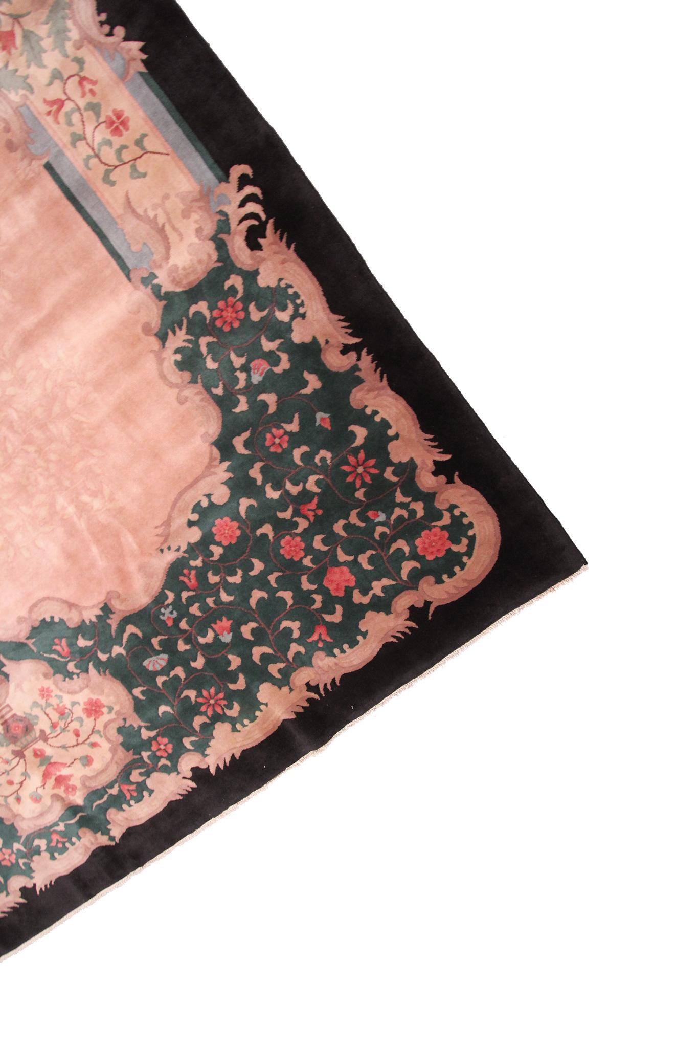 Vintage Art Deco Rug Handmade Chinese Rug Pink Wool Carpet 269cm x 351cm 9x12 For Sale 6