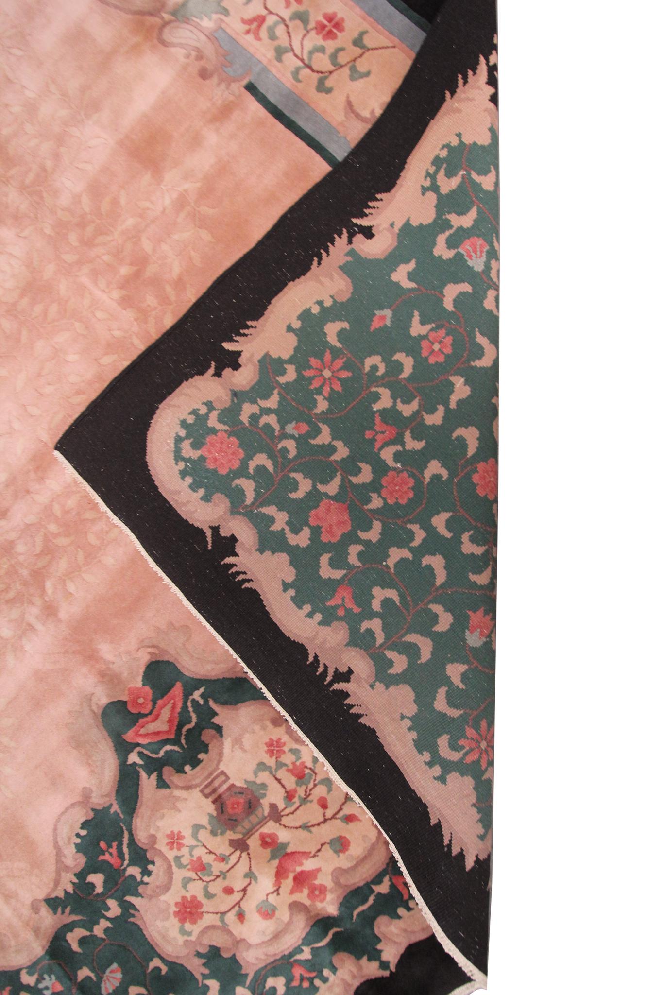 Vintage Art Deco Rug Handmade Chinese Rug Pink Wool Carpet 269cm x 351cm 9x12 For Sale 8