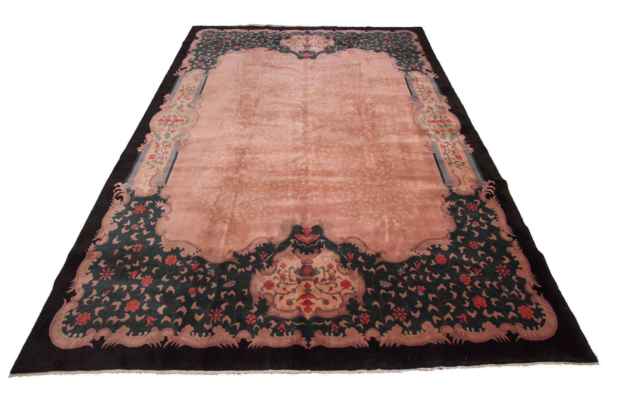 Vintage Art Deco Rug Handmade Chinese Rug Pink Wool Carpet 269cm x 351cm 8'10