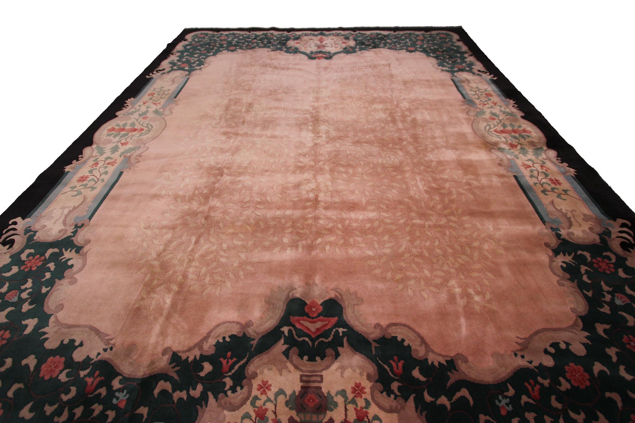 Hand-Knotted Vintage Art Deco Rug Handmade Chinese Rug Pink Wool Carpet 269cm x 351cm 9x12 For Sale
