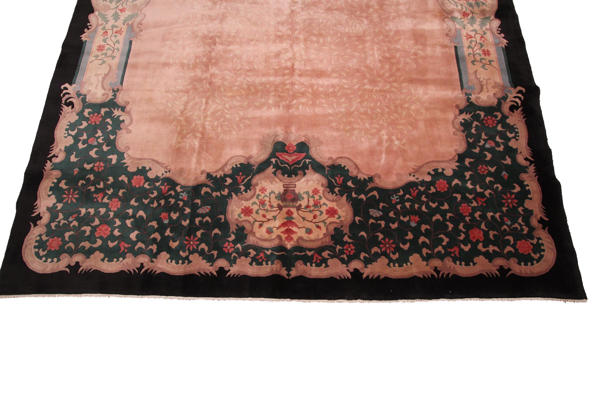 Vintage Art Deco Rug Handmade Chinese Rug Pink Wool Carpet 269cm x 351cm 9x12 In Excellent Condition For Sale In New York, NY