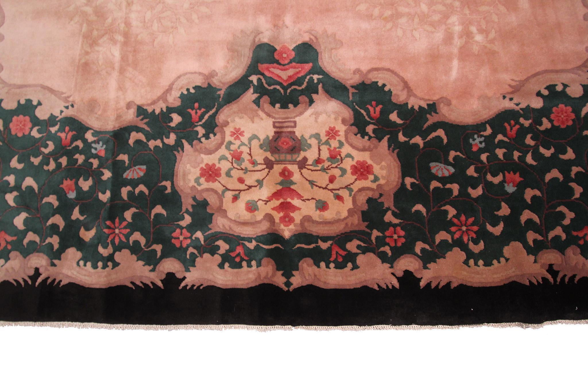 Late 20th Century Vintage Art Deco Rug Handmade Chinese Rug Pink Wool Carpet 269cm x 351cm 9x12 For Sale