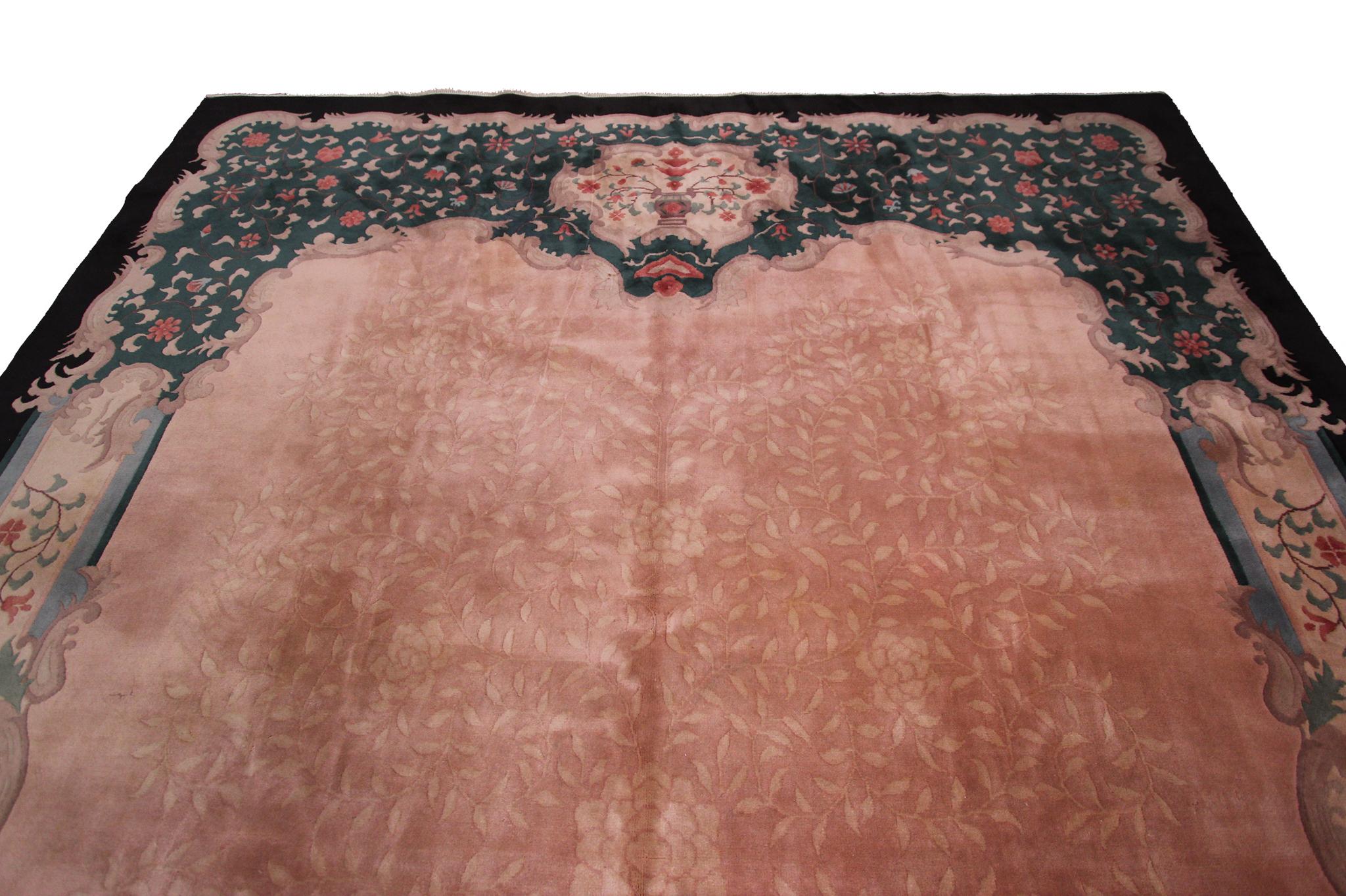 Vintage Art Deco Rug Handmade Chinese Rug Pink Wool Carpet 269cm x 351cm 9x12 For Sale 1