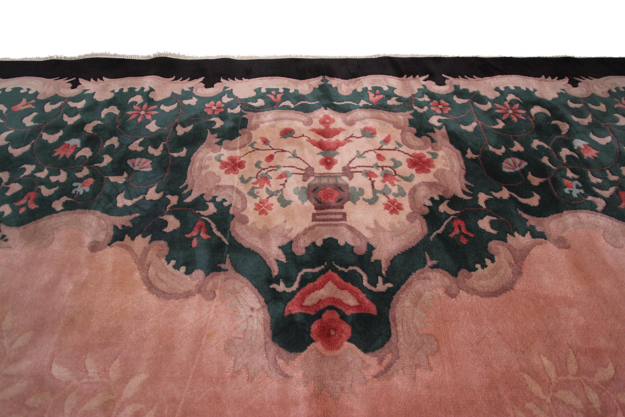 Vintage Art Deco Rug Handmade Chinese Rug Pink Wool Carpet 269cm x 351cm 9x12 For Sale 2