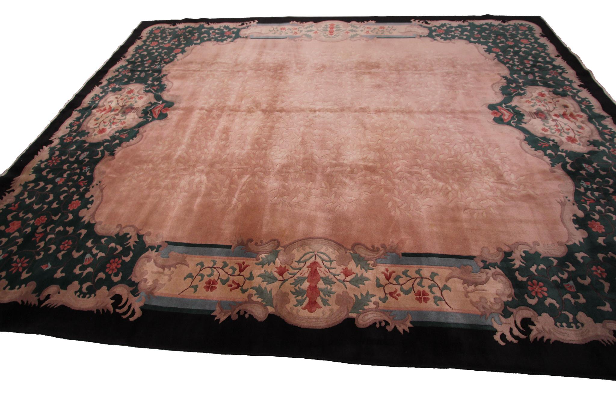 Vintage Art Deco Rug Handmade Chinese Rug Pink Wool Carpet 269cm x 351cm 9x12 For Sale 4