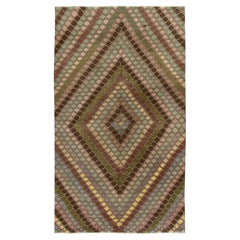 Vintage Art Deco Rug in Beige-Brown, Pink & Blue Diamond Pattern by Rug & Kilim