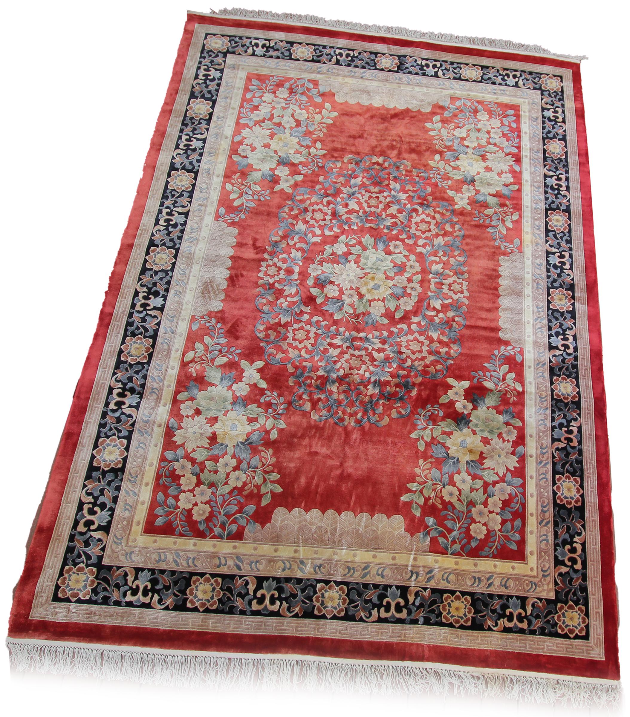 Hand-Knotted Vintage Art Deco Rug Silk Silk Chinese Rug Bold Neutral For Sale