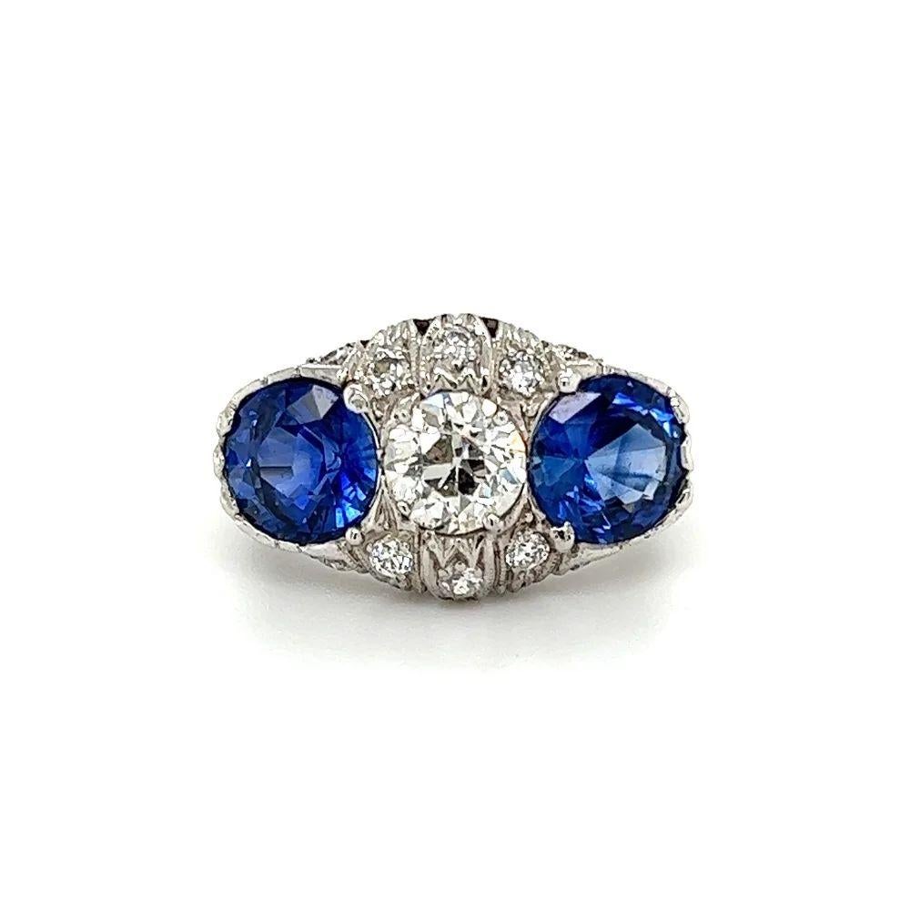 Mixed Cut Vintage Art Deco Sapphire and Diamond 3 Stone Platinum Ring For Sale