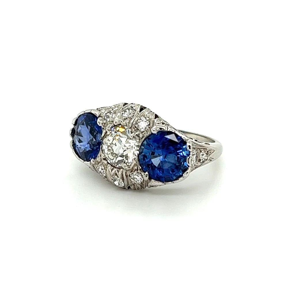 Women's Vintage Art Deco Sapphire and Diamond 3 Stone Platinum Ring For Sale
