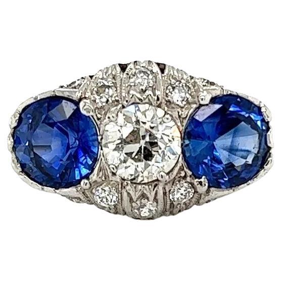 Vintage Art Deco Sapphire and Diamond 3 Stone Platinum Ring For Sale