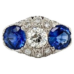 Retro Art Deco Sapphire and Diamond 3 Stone Platinum Ring