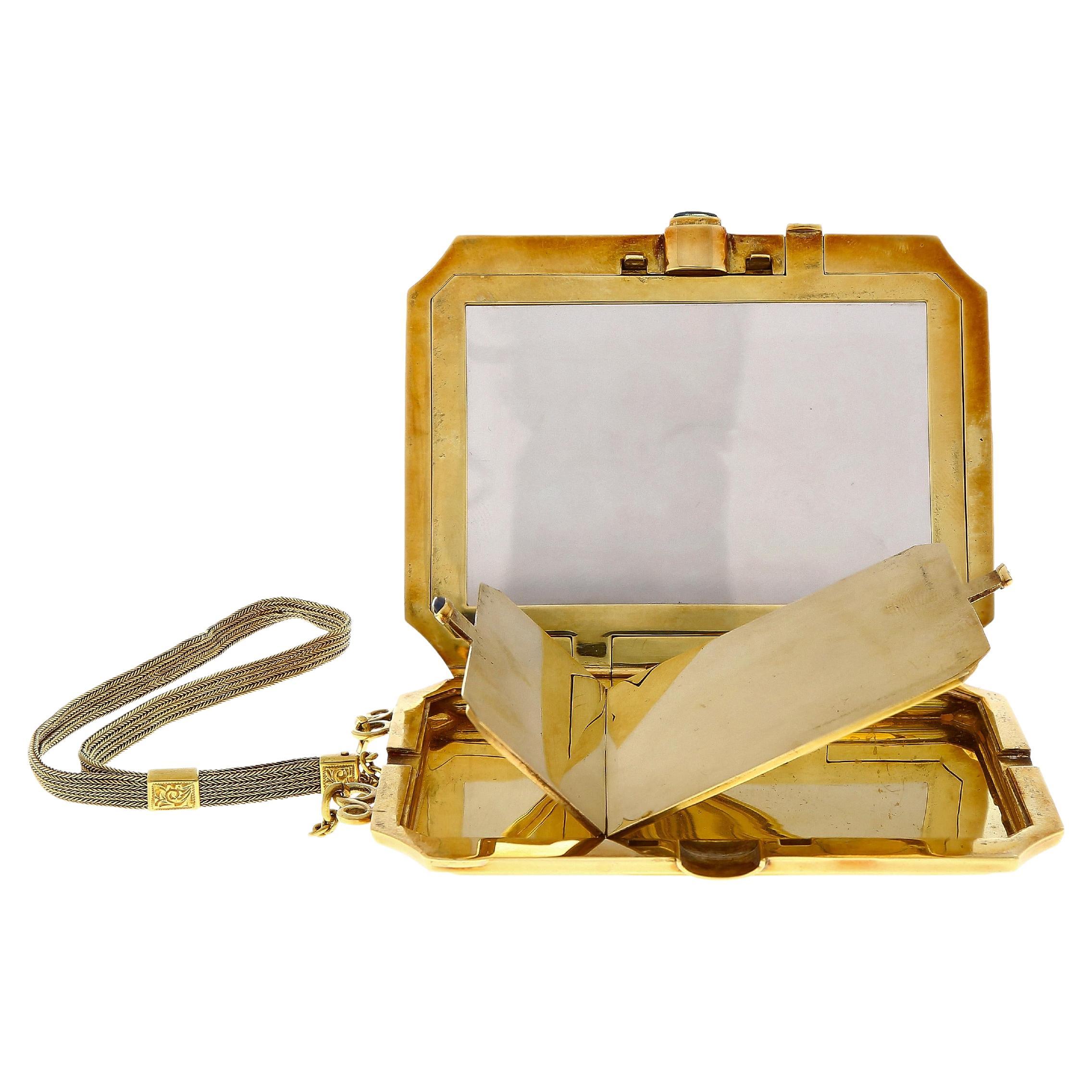 Vintage Art Deco Sapphire and Diamond Ladies Powder Box With Mirror For Sale