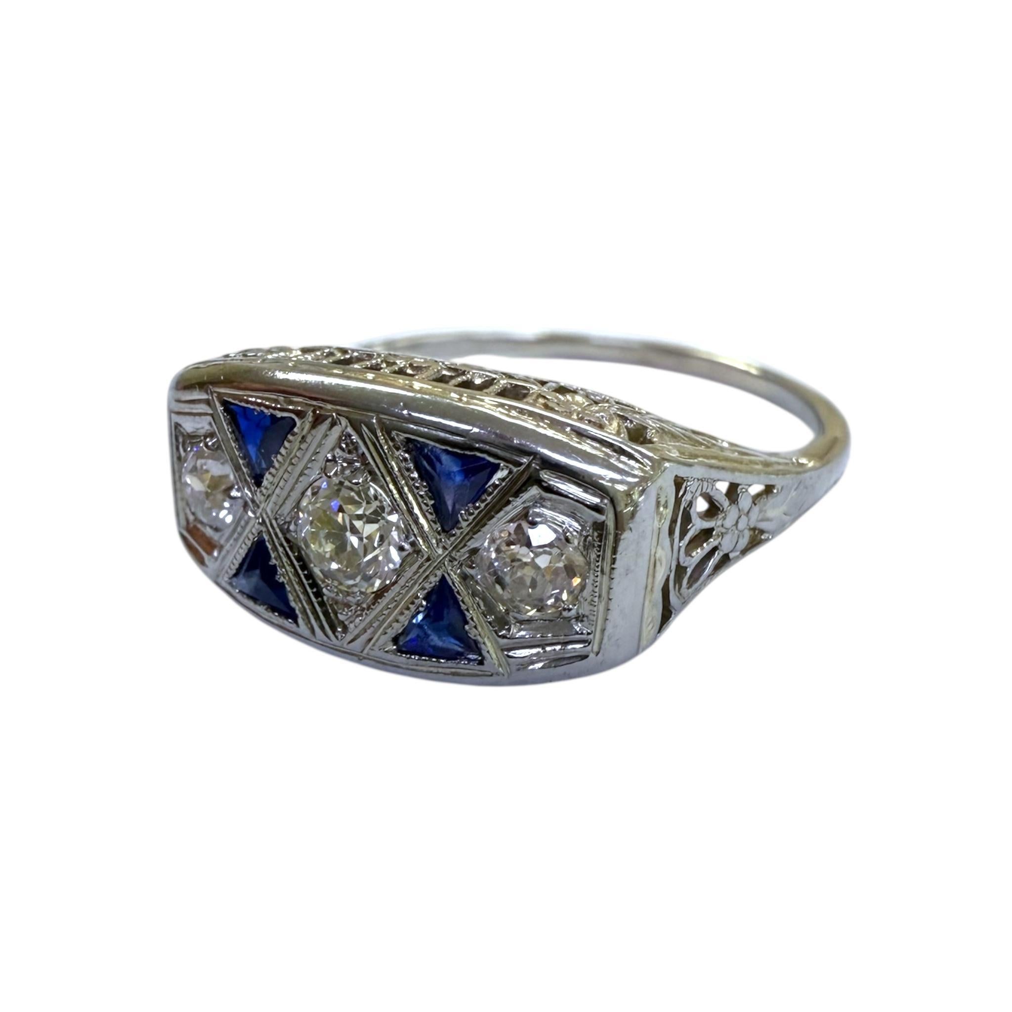Vintage Art Deco Sapphire & Diamond Cocktail Ring 18K White Gold Damen im Angebot