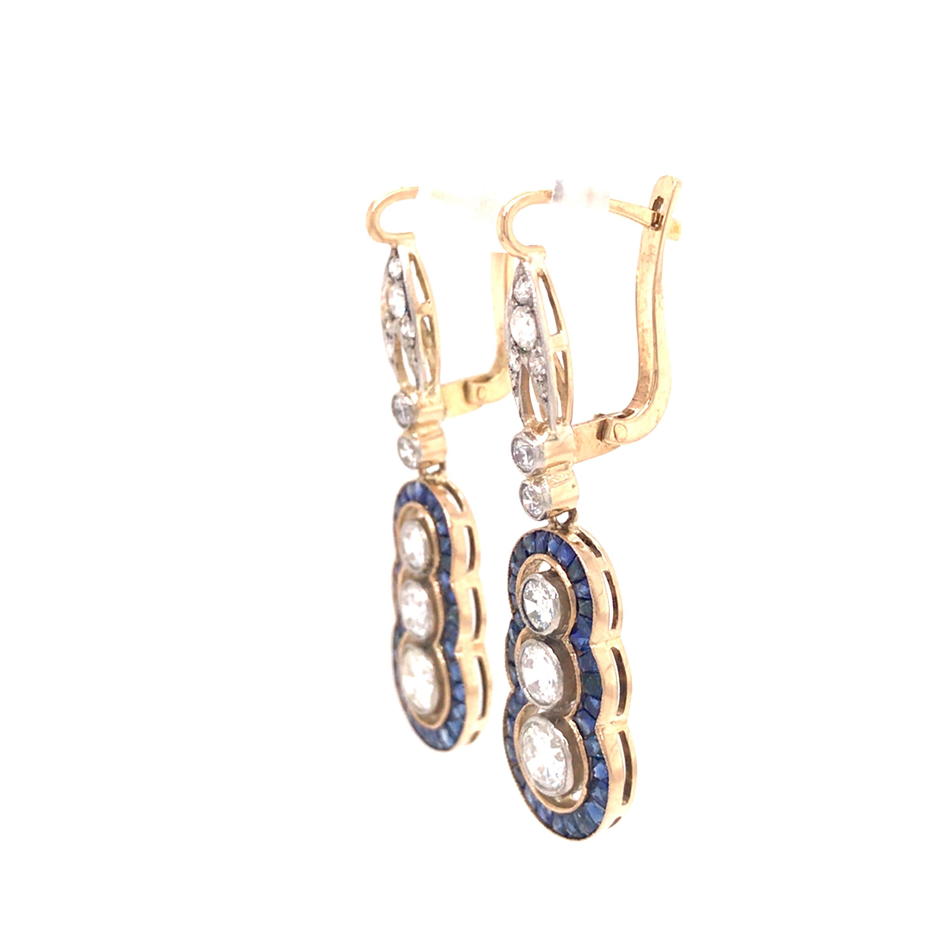 Vintage Art Deco Sapphire Diamond Hanging Earring 18K Yellow Gold Platinum In Good Condition In Boca Raton, FL