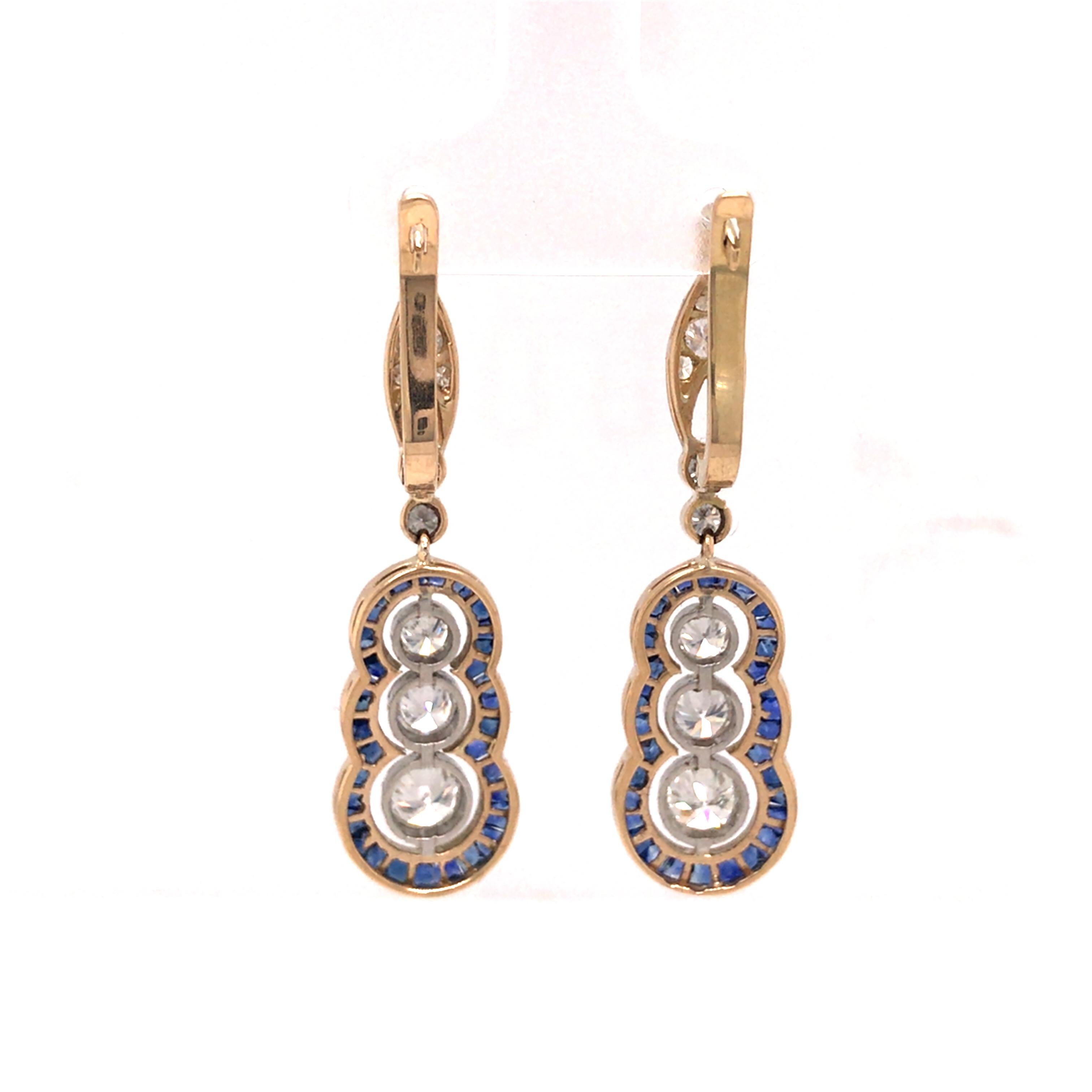 Vintage Art Deco Sapphire Diamond Hanging Earring 18K Yellow Gold Platinum 1