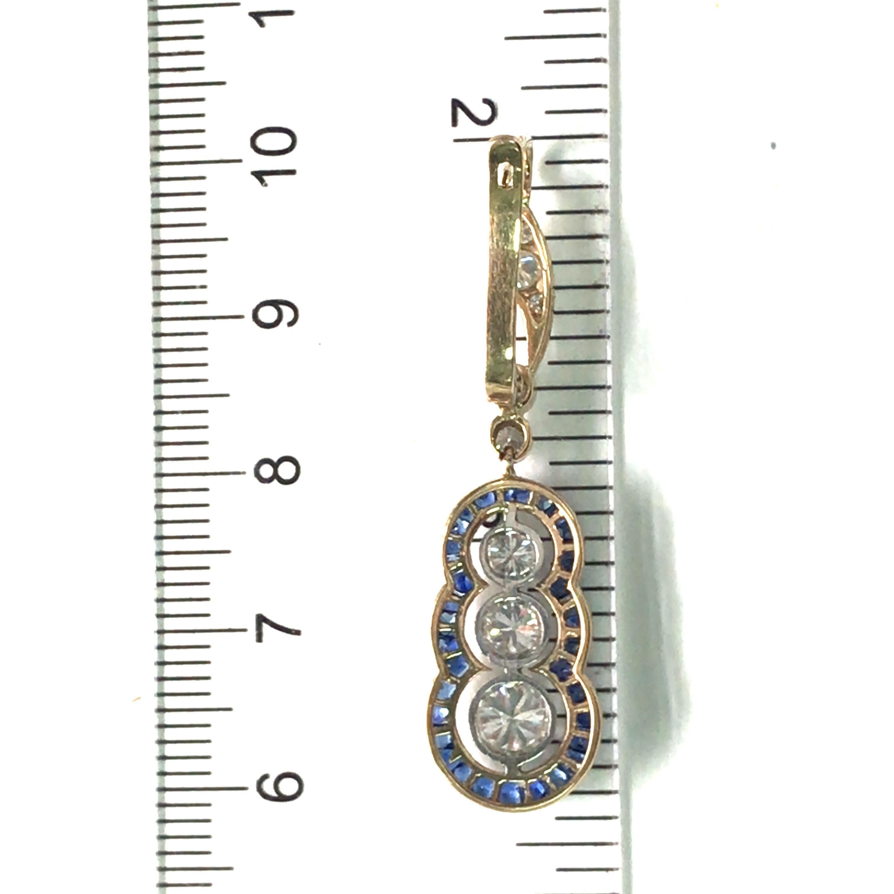 Vintage Art Deco Sapphire Diamond Hanging Earring 18K Yellow Gold Platinum 2
