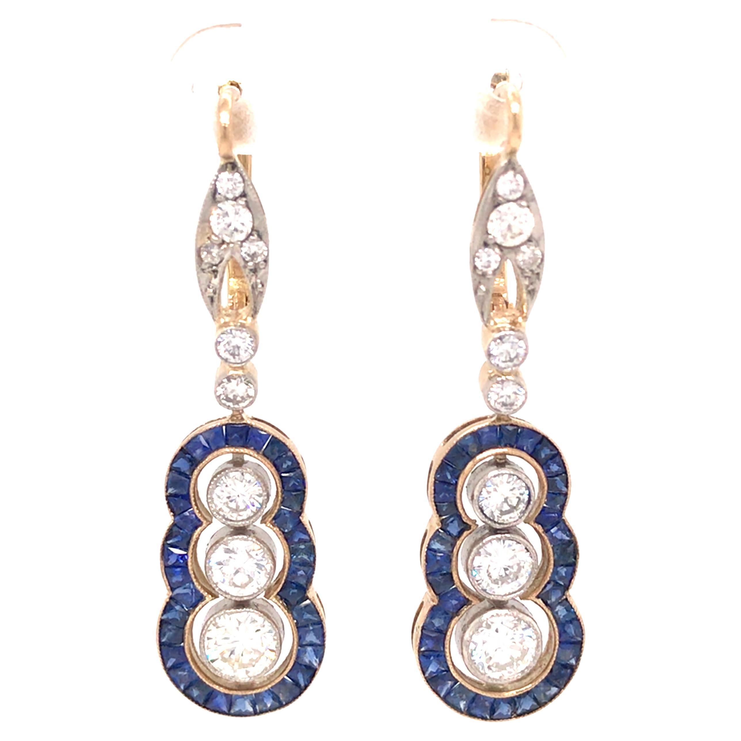 Vintage Art Deco Sapphire Diamond Hanging Earring 18K Yellow Gold Platinum