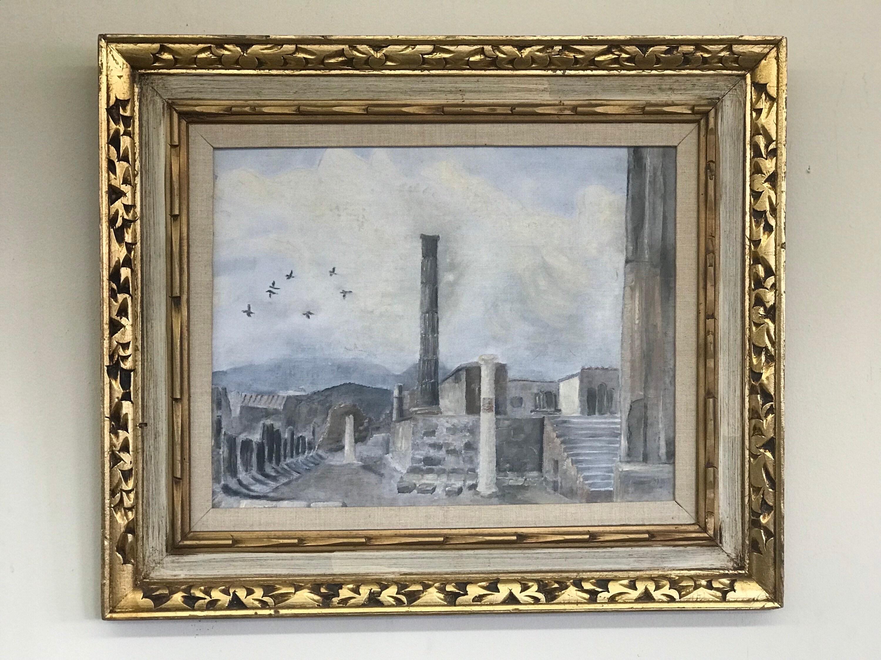 Vintage Art Deco scenic oil painting architectural buildings blue bright birds animal professional framed.

Dimensions. Overall 25 1/2 W; 21 1/2 H; Actual Art 17 1/2 W; 13 1/2 H.