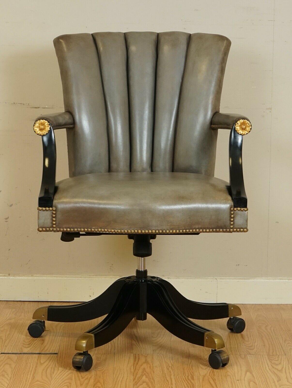 Vintage Art Deco Shell Back Grey Leather Lacquered Frame Swivel Chair 1 of 2 7